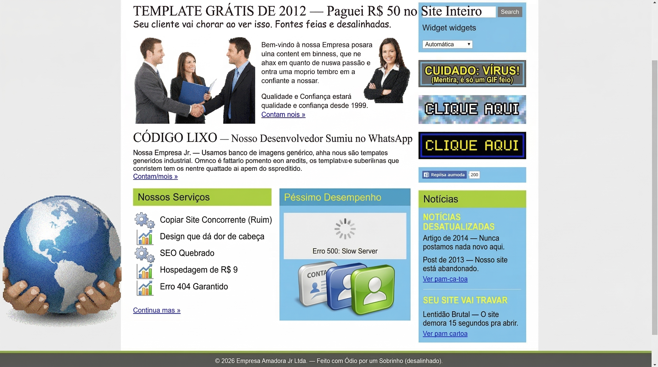 Exemplo de site genérico: visual quebrado e sem identidade.